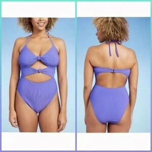 Shade & Shore Double Knot‎ Cut Out Ribbed One Piece Swimsuit S Purple Cheeky